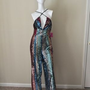 NWT FOREVER 21  STRIPPED SEQUIN JUMPSUIT SZ M